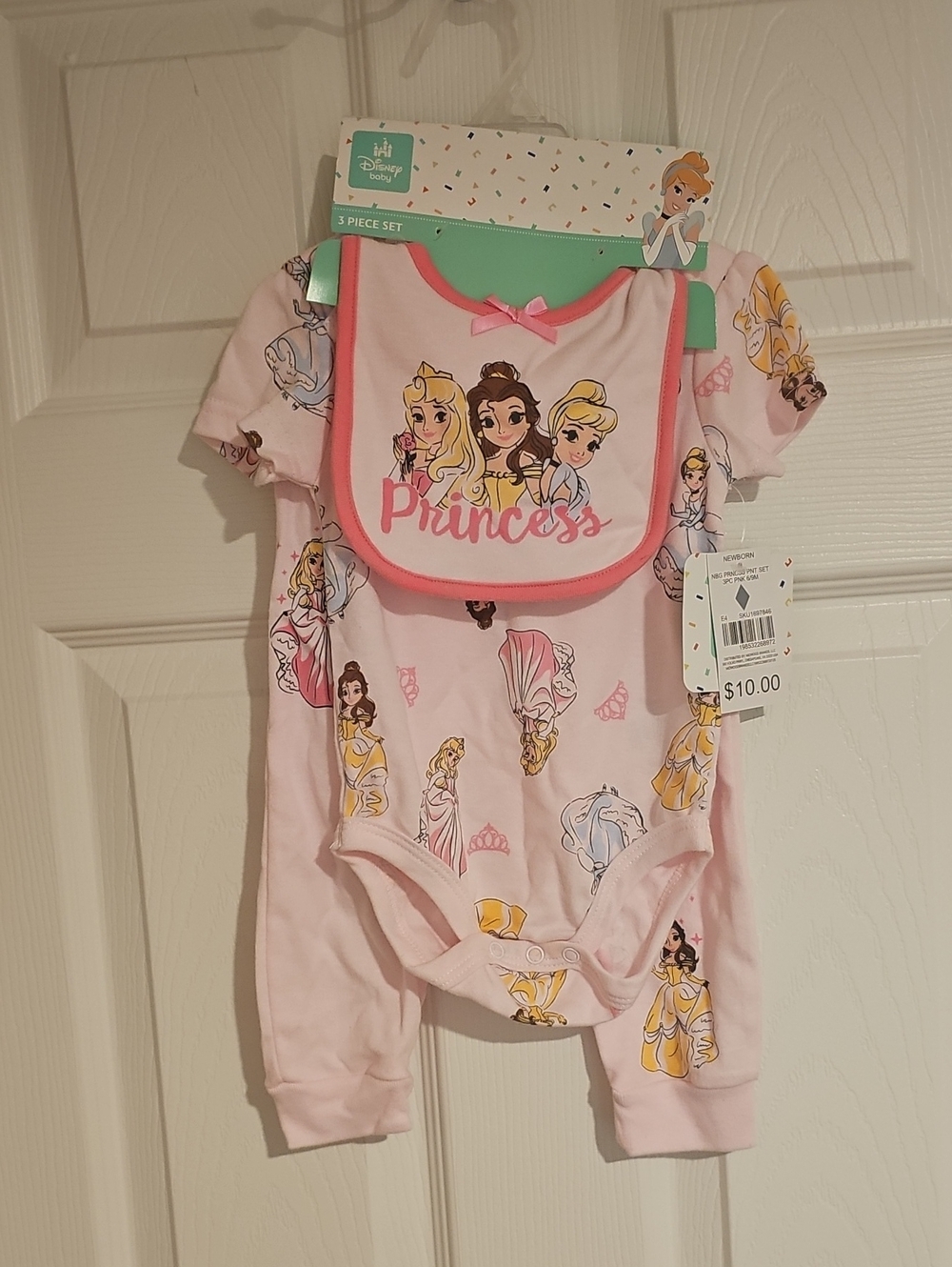 Disney Princess Baby Girl 6/9 Months 3pc Set Bodysuit, Pant, Bib Pink New